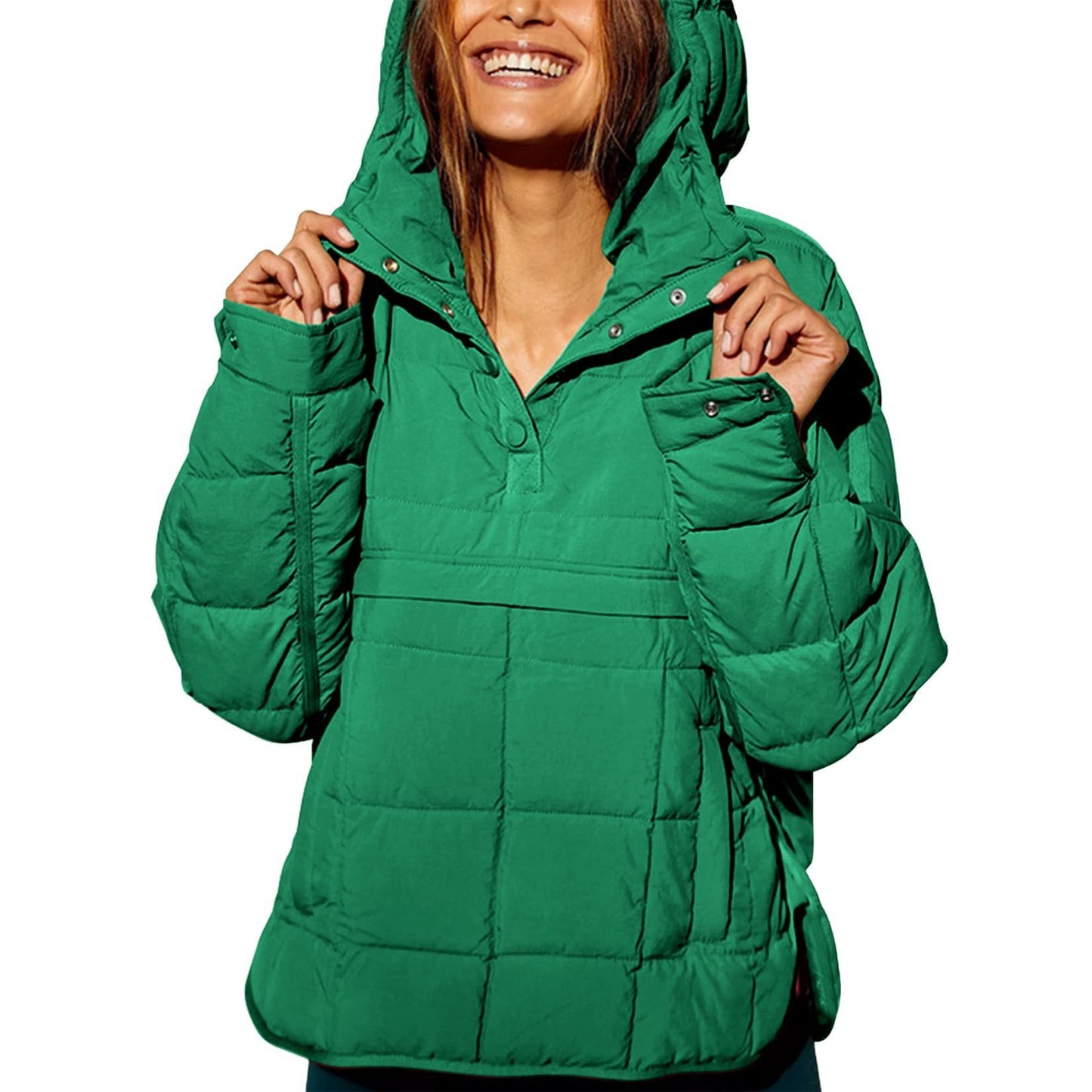 Autumn & Winter Solid Color Hooded Cotton Jacket – Foldable, Padded Pullover with Pockets for Women