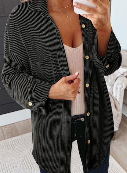 Women's Waffle Shirt - Solid Color Long Sleeve Button-Down Collar Jacket