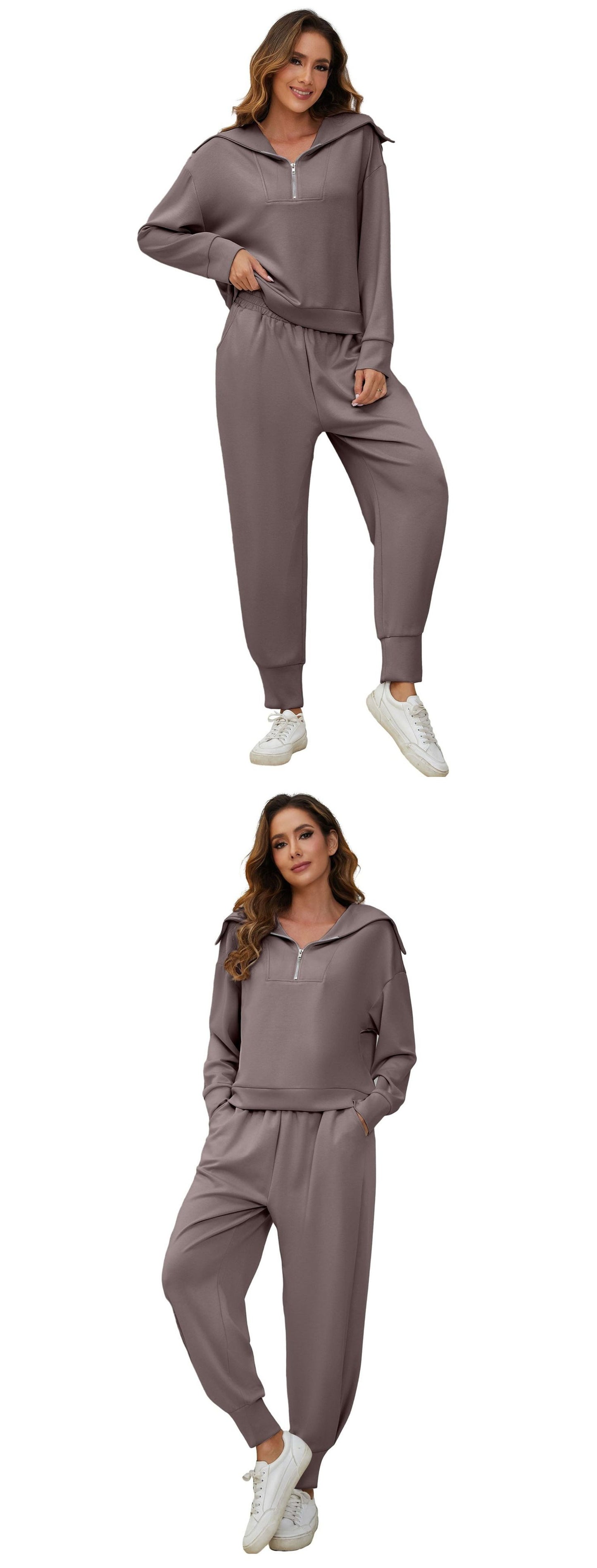 Half-Zip Long Sleeve Collared Sports Top and High-Waisted Athletic Pants Two-Piece Set