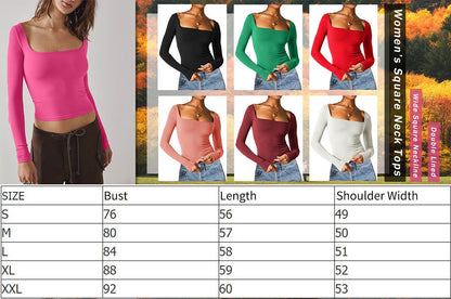 Women's Long-Sleeve Solid Color Slim Fit Square Neck T-Shirt Top