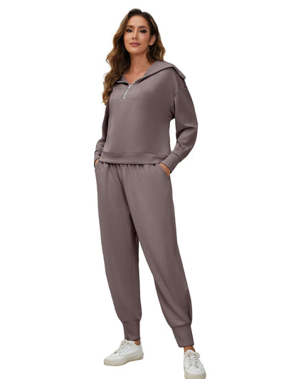 Half-Zip Long Sleeve Collared Sports Top and High-Waisted Athletic Pants Two-Piece Set