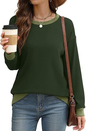 Women's Sporty Sweatshirt – Round Neck, Long Sleeve, Loose Fit, Color-Blocked with Ribbed Trim