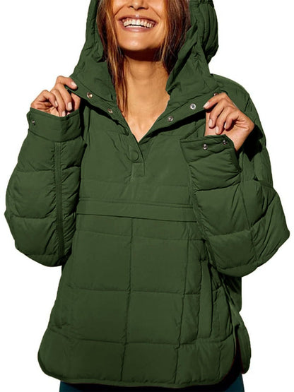 Autumn & Winter Solid Color Hooded Cotton Jacket – Foldable, Padded Pullover with Pockets for Women