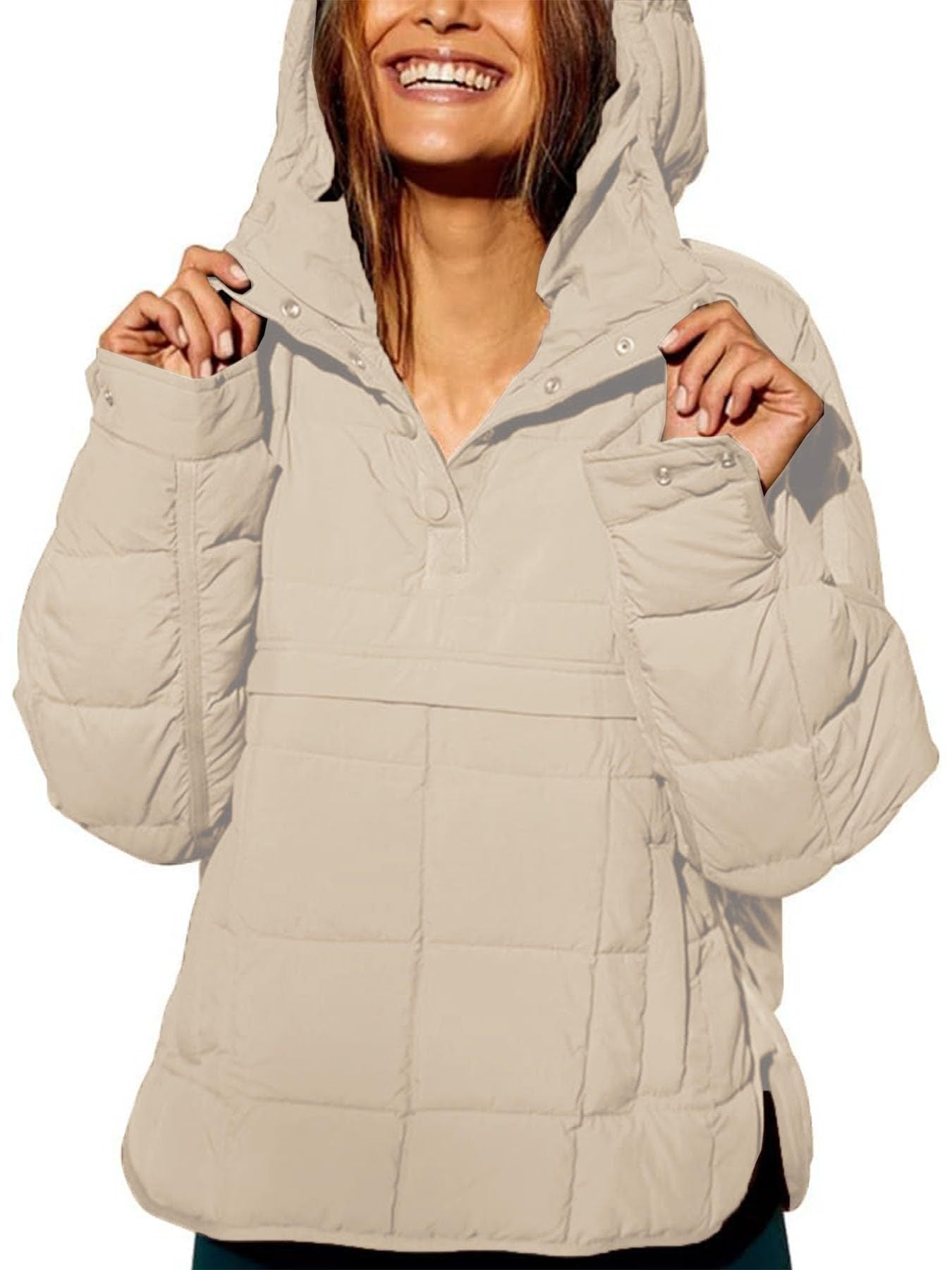 Autumn & Winter Solid Color Hooded Cotton Jacket – Foldable, Padded Pullover with Pockets for Women