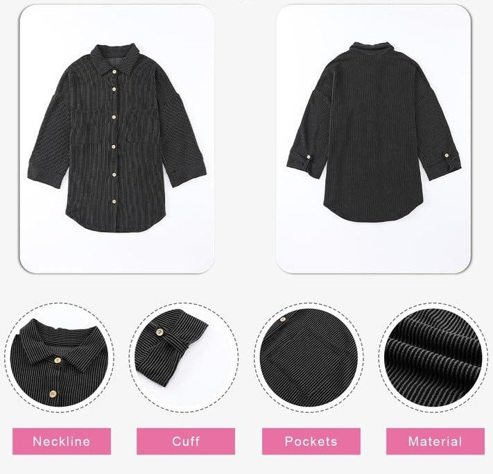 Women's Waffle Shirt - Solid Color Long Sleeve Button-Down Collar Jacket