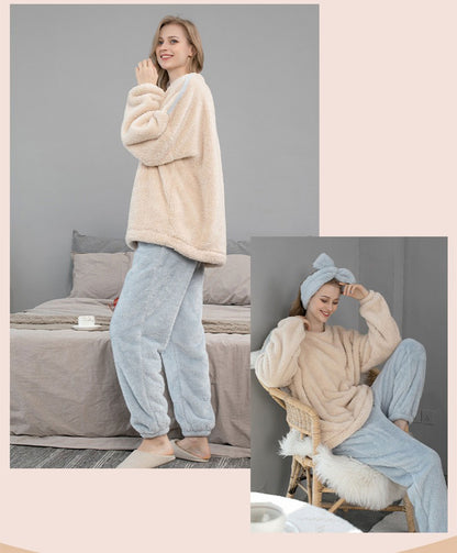 Plus Size Coral Fleece Pajamas for Women – Autumn/Winter Long Sleeve Sleepwear, Fleece-Lined Loungewear Set