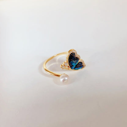 Schmetterling Perlenring – Offener Verstellbarer Ring mit Grüner Abalone & Süßwasserperle, 14K Vergoldet, Eleganter Damenring