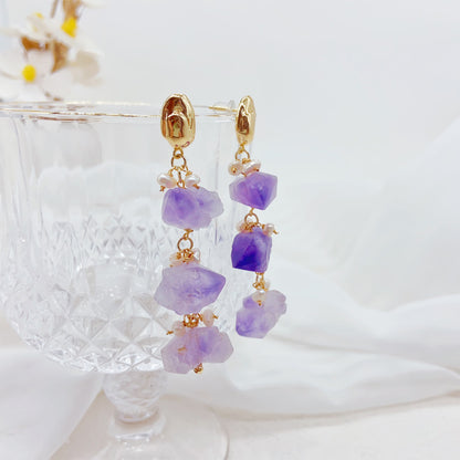 Perlenohrring mit Amethyst-Rohsteinen – 14K vergoldet, 925 Silberstift, eleganter hypoallergener Ohrstecker für Frauen, minimalistisches Design