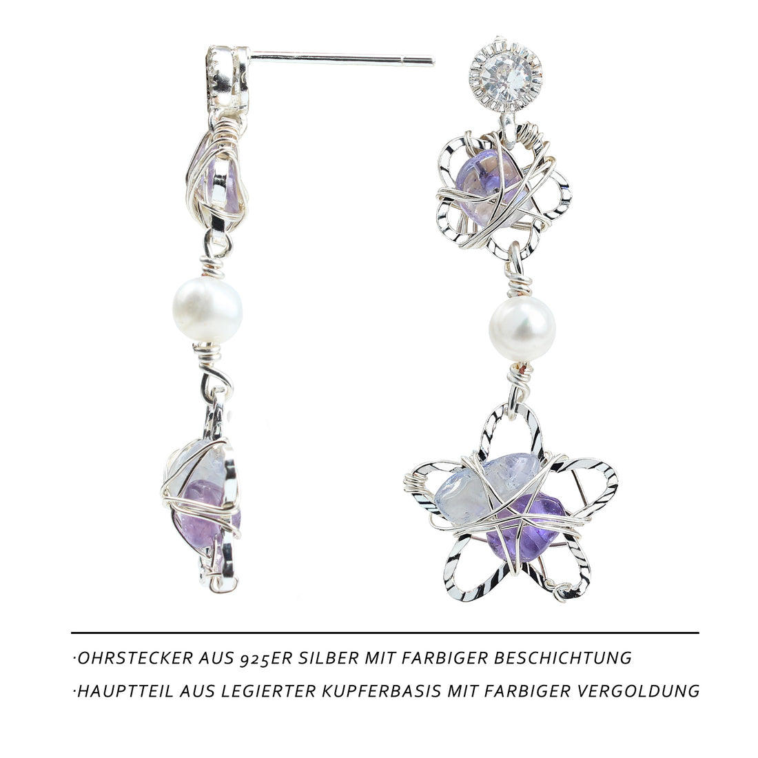 Starlight Amethyst & Pearl Earrings – Handcrafted Long Earrings with Silver Finish and 925 Silver Posts 🌙✨