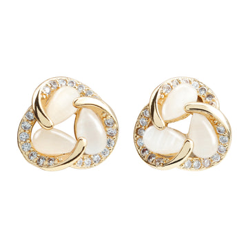 Triple Cat’s Eye Spiral Earrings – 14K Gold-Plated Studs with Sparkling Zirconia Accents ✨