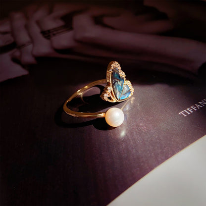 Schmetterling Perlenring – Offener Verstellbarer Ring mit Grüner Abalone & Süßwasserperle, 14K Vergoldet, Eleganter Damenring
