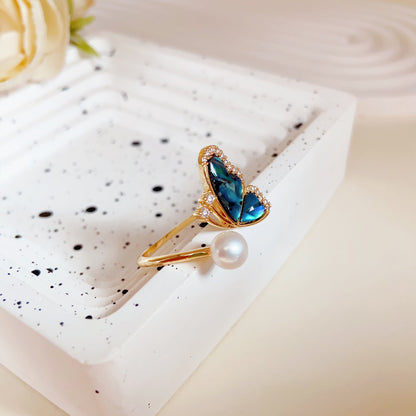 Schmetterling Perlenring – Offener Verstellbarer Ring mit Grüner Abalone & Süßwasserperle, 14K Vergoldet, Eleganter Damenring