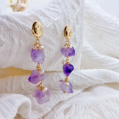 Perlenohrring mit Amethyst-Rohsteinen – 14K vergoldet, 925 Silberstift, eleganter hypoallergener Ohrstecker für Frauen, minimalistisches Design