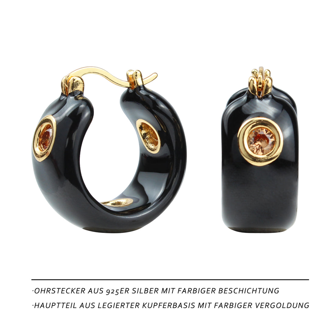 Elegant Black Zirconia Hoop Earrings – 18K Gold Plated with Glossy Enamel Finish & PVC Shine 🖤