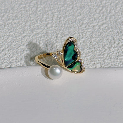 Schmetterling Perlenring – Offener Verstellbarer Ring mit Grüner Abalone & Süßwasserperle, 14K Vergoldet, Eleganter Damenring
