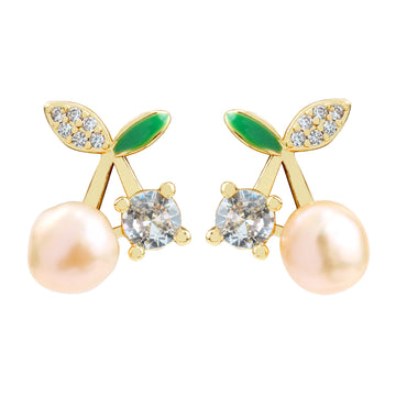 Cherry Pearl Stud Earrings – 14K Gold-Plated Cute Earrings with Freshwater Pearl & Sparkling Zirconia 🍒✨