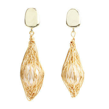 Spindle Pearl Stud Earrings – Handcrafted 14K Gold-Plated Earrings with Freshwater Pearl & Elegant Wire Design ✨