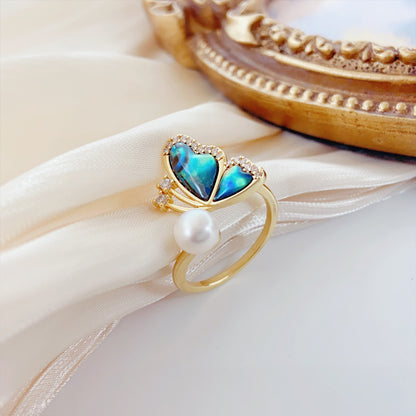 Schmetterling Perlenring – Offener Verstellbarer Ring mit Grüner Abalone & Süßwasserperle, 14K Vergoldet, Eleganter Damenring