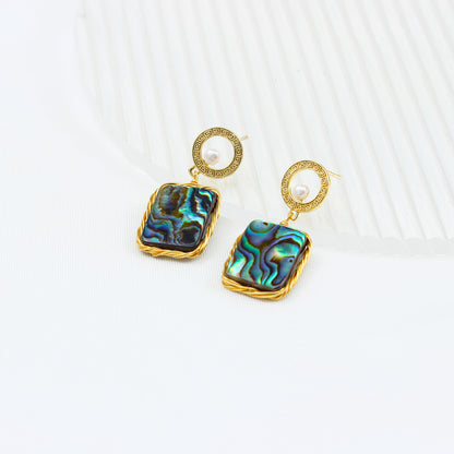 Elegante Abalone-Ohrringe mit Süßwasserperle & chinesischem Muster – 14K vergoldet, goldene Umrandung, mystischer Look für Damen