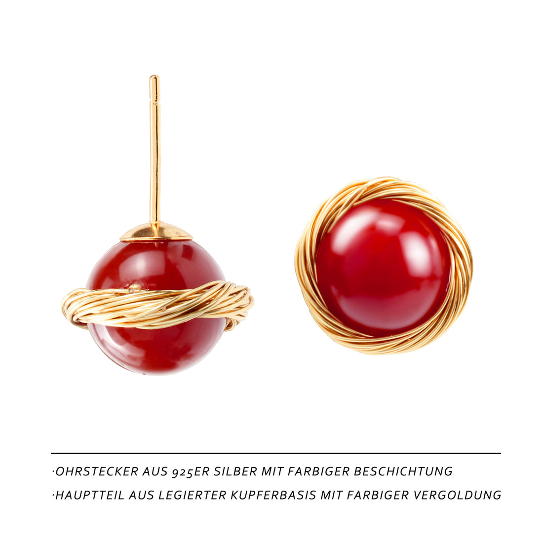 Elegant Red Agate Stud Earrings – Handmade 14K Gold-Plated Jewelry with Silver Posts ❤️