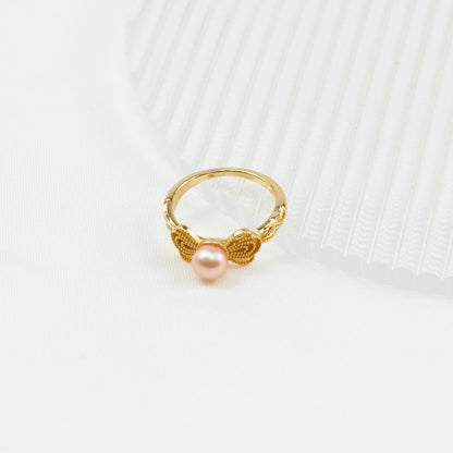 Chinesischer Schmetterlings Perlenring – Offener Verstellbarer Ring, 14K Vergoldet mit Süßwasserperle, Eleganter Damenring