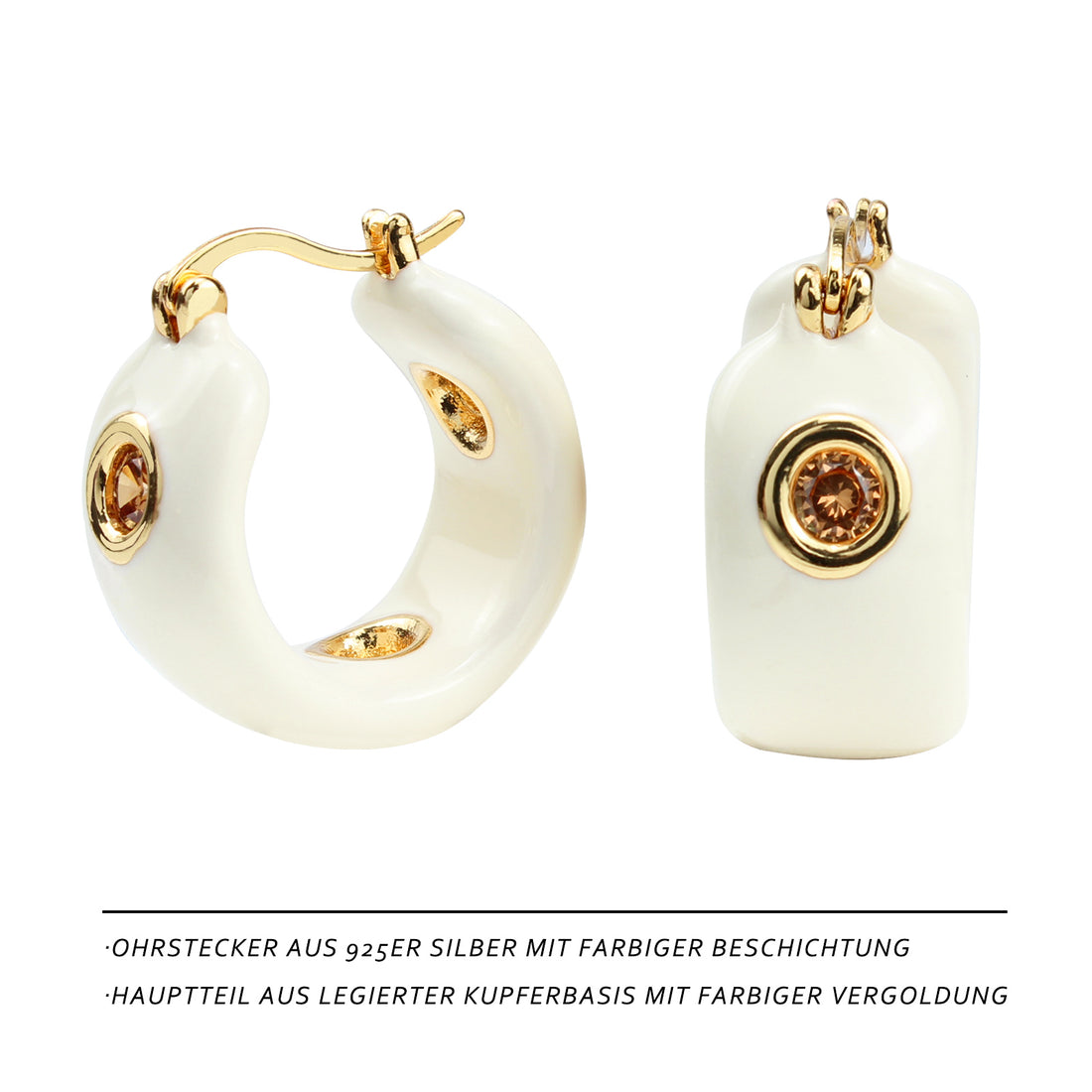 Elegant White Zirconia Hoop Earrings – 18K Gold Plated with Glossy Enamel Finish & PVC Shine 💎