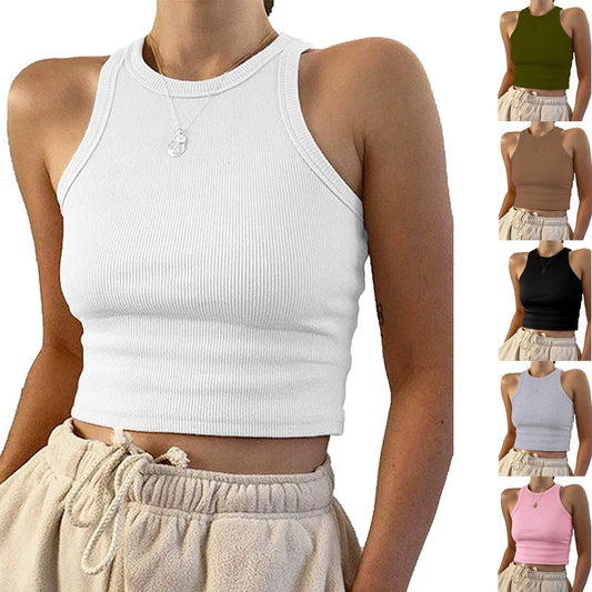 Summer Solid Color Sleeveless Slim-Fit Crop Top for Women