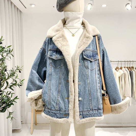 Women's Denim Short Jacket – Thickened Fleece-Lined Winter Coat, Korean Style, Loose Fit with Rabbit Fur, Reversible Design