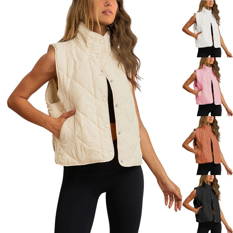 Women's Quilted Padded Vest – Lightweight Button-Up Stand Collar Gilet with Pockets