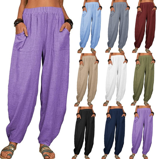 Plus Size Solid Color Loose Cotton Linen Casual Harem Pants for Women