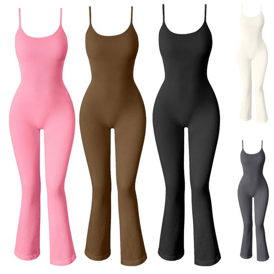 Women's Ribbed Yoga Jumpsuit – Adjustable Spaghetti Strap Top with Flared Pants