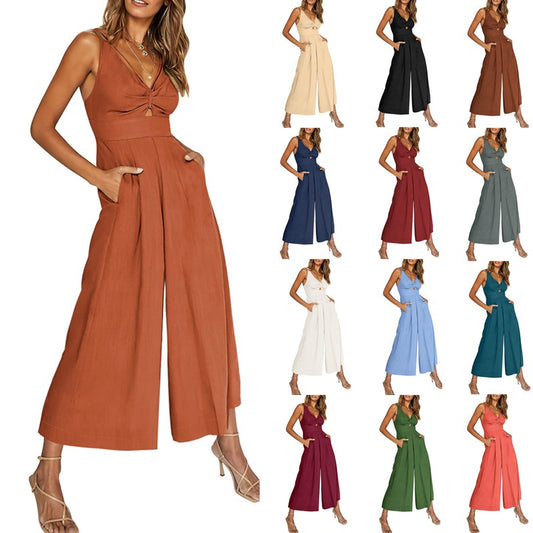 Summer Sleeveless V-neck Hollow Out Pleated High Waist Wide Leg Jumpsuit with Pockets – Women's Fashion