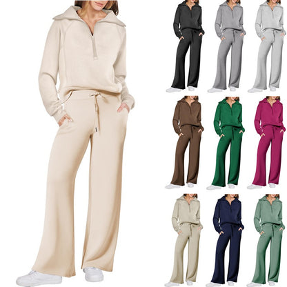 Autumn/Winter Casual Sports Set – Zip-Up Long Sleeve Sweatshirt and Wide-Leg Pants Two-Piece