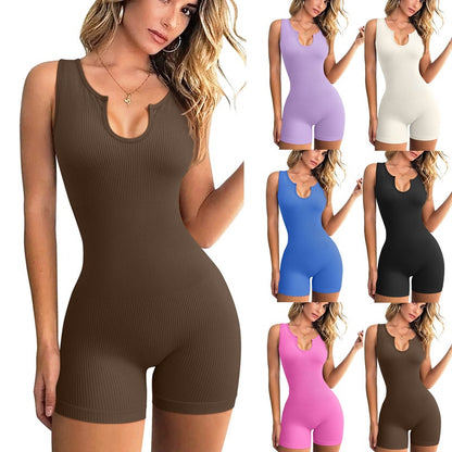 Women's Solid Color Casual Knit Ribbed V-Neck Sleeveless Bodysuit Jumpsuit