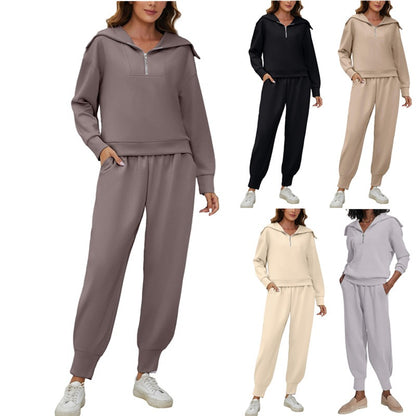 Half-Zip Long Sleeve Collared Sports Top and High-Waisted Athletic Pants Two-Piece Set