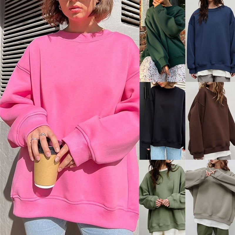 Autumn & Winter New Solid Color Round Neck Loose Pullover Sweatshirt – Long Sleeve Fleece Top for Women