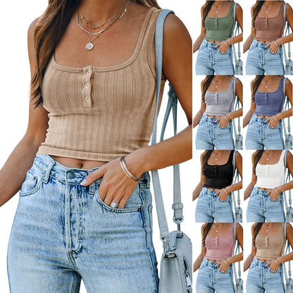 Women's Ribbed Buttoned Neckline Crop Top Casual Sleeveless Vest