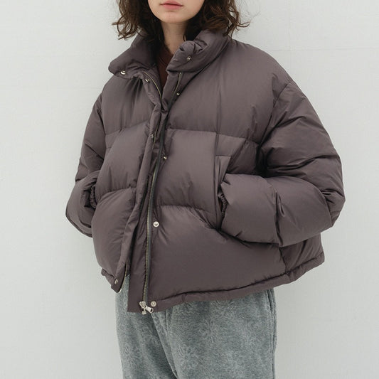 Winter Short Puffer Jacket for Women – Korean Style with Drawstring, Warm Grey-Purple, Puff Design for Petite Frames, with a Luxurious Look