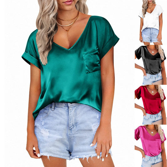 WXTX1k01100Women’s Summer Satin V-Neck Pocket T-Shirt with Rolled-Up Short Sleeves, Loose-Fitting Casual Top