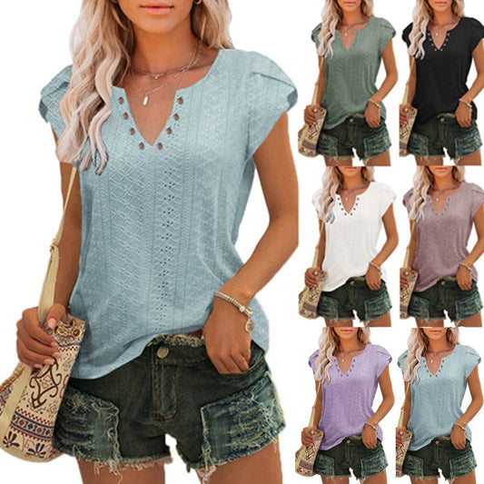 Summer New Arrival Women's Jacquard Hollow Petal Sleeve Casual T-Shirt