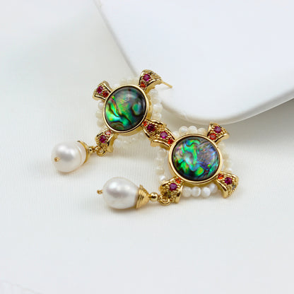 Vintage Abalone Perlenohrringe mit bunten Edelsteinen – 14K vergoldet, Extravagantes Design für Tanz & Feste