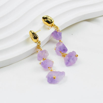 Perlenohrring mit Amethyst-Rohsteinen – 14K vergoldet, 925 Silberstift, eleganter hypoallergener Ohrstecker für Frauen, minimalistisches Design