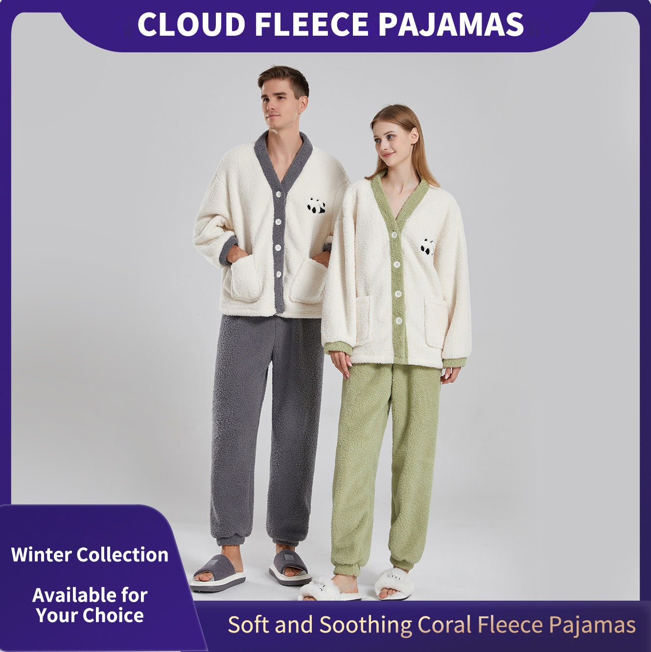 Couples' Winter Pajamas for Women – Thick Coral Fleece Loungewear with Half-Fleece Cartoon Panda Design, Couples Pajama Set