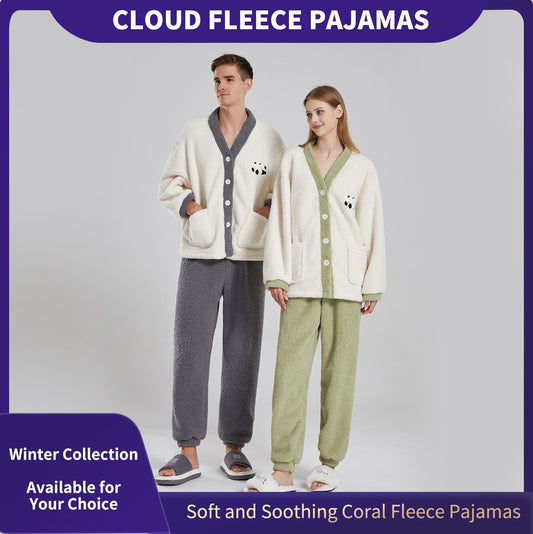 Couples' Winter Pajamas for Women – Thick Coral Fleece Loungewear with Half-Fleece Cartoon Panda Design, Couples Pajama Set