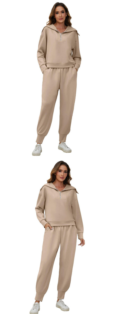 Half-Zip Long Sleeve Collared Sports Top and High-Waisted Athletic Pants Two-Piece Set