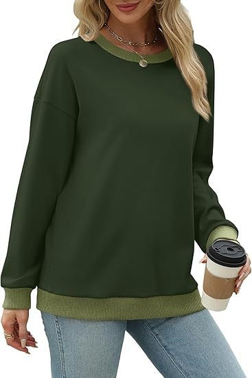 Women's Sporty Sweatshirt – Round Neck, Long Sleeve, Loose Fit, Color-Blocked with Ribbed Trim