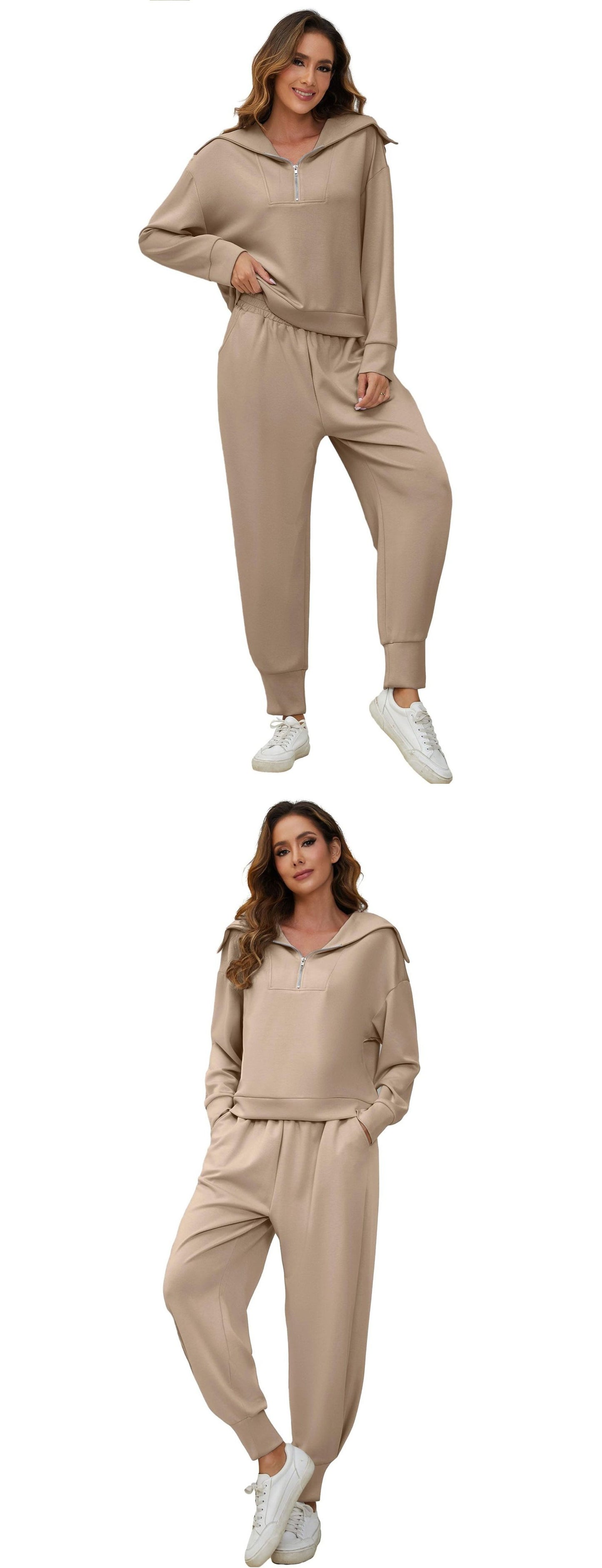 Half-Zip Long Sleeve Collared Sports Top and High-Waisted Athletic Pants Two-Piece Set