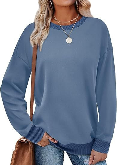 Women's Sporty Sweatshirt – Round Neck, Long Sleeve, Loose Fit, Color-Blocked with Ribbed Trim