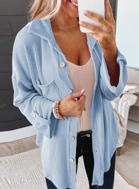 Women's Waffle Shirt - Solid Color Long Sleeve Button-Down Collar Jacket