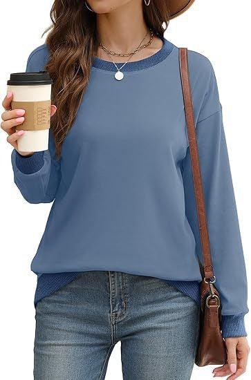 Women's Sporty Sweatshirt – Round Neck, Long Sleeve, Loose Fit, Color-Blocked with Ribbed Trim